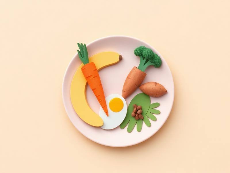 Pratinho com banana, cenoura, brócolis, batata-doce, ovo e feijão em ilustração de papel recortado