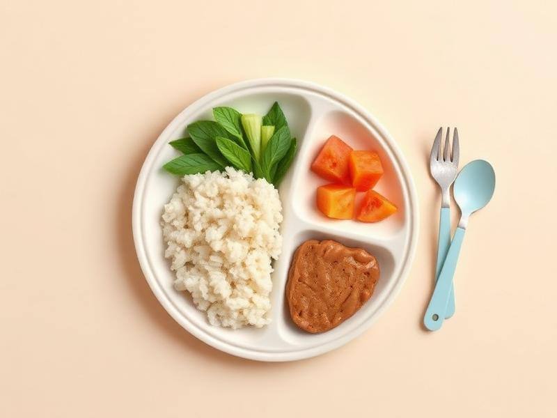 Prato infantil dividido com arroz, legumes e proteína ao lado de talheres de bebê