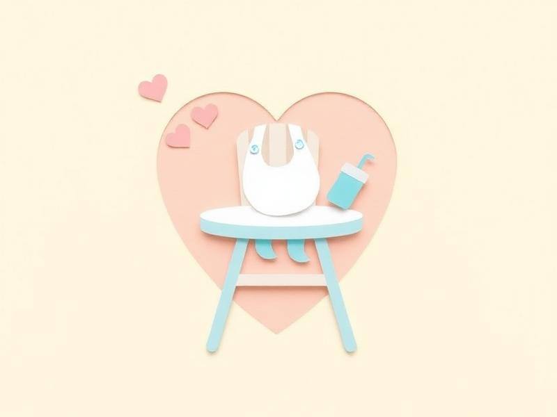 Cadeirão, babador e copinho de transição em ilustração de papel recortado com coração ao fundo