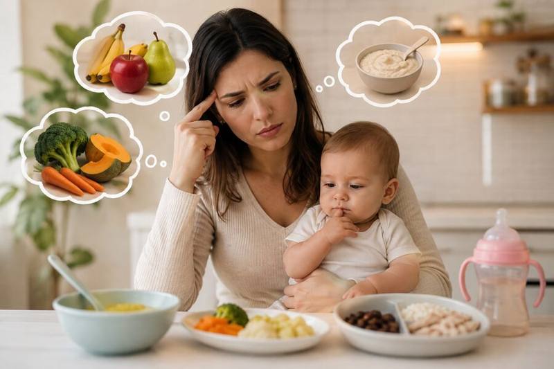 Mãe pensativa com o bebê no colo em dúvida entre frutas, legumes e papinha