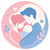 Logo O Manual da Mamãe: ilustração circular de mãe e pai acolhendo um bebê, em rosa e azul